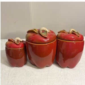 Vtg Farmhouse Art Pottery Stoneware 3 Apple Canisters Tuscan Style Slanted Lid‎